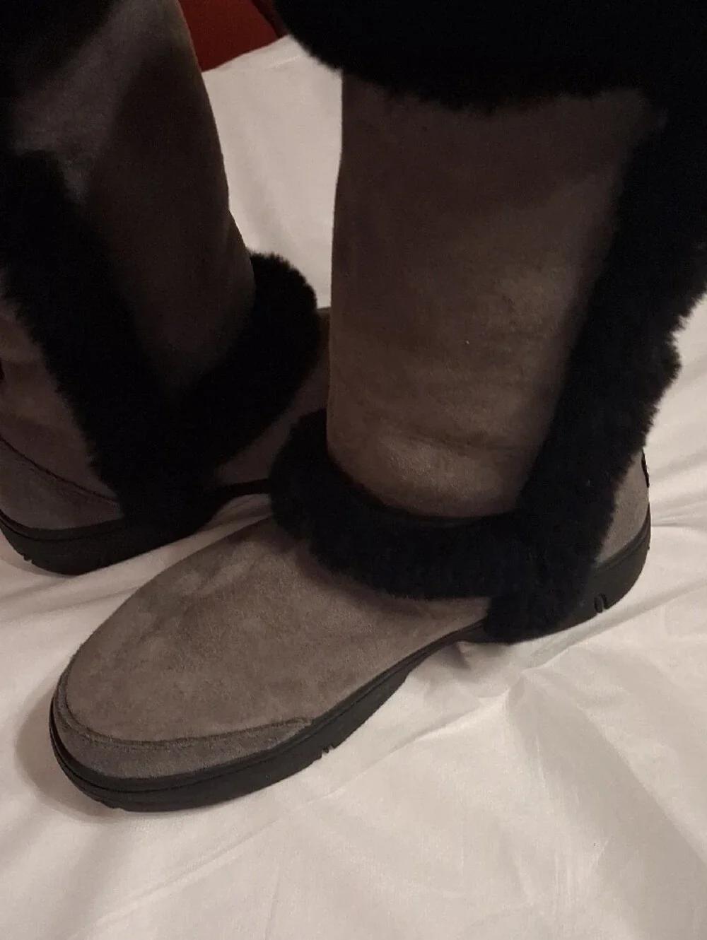 UGGS Gray Suede Tall Winter Boots with Black Fur Trim